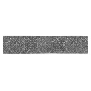 Vintage Fleur de Lis   Black Silver Grunge Damask Short Table Runner