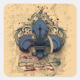 Vintage fleur-de-lis blue metal grunge effects square sticker