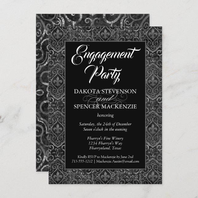 Vintage Fleur de Lis Damask | Grunge Engagement Invitation (Front/Back)