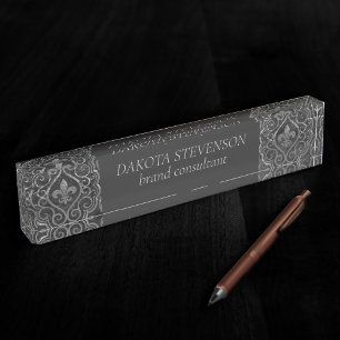 Vintage Fleur de Lis   Grunge Damask Branding Nameplate