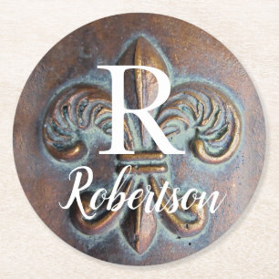 Vintage Fleur De Lis Monogram Initial Round Paper Coaster