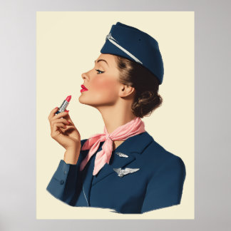 Vintage Flight Attendant Applying Lipstick Poster