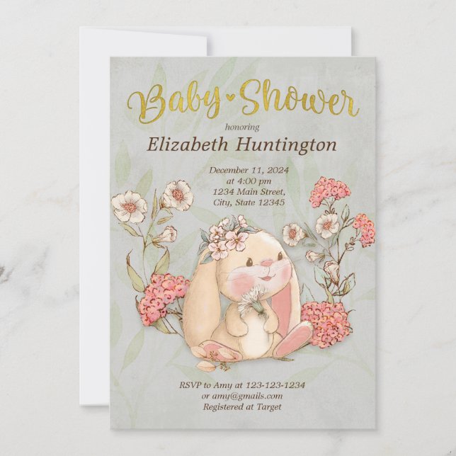 Vintage Floppy Bunny Floral Baby Shower Invitation (Front)