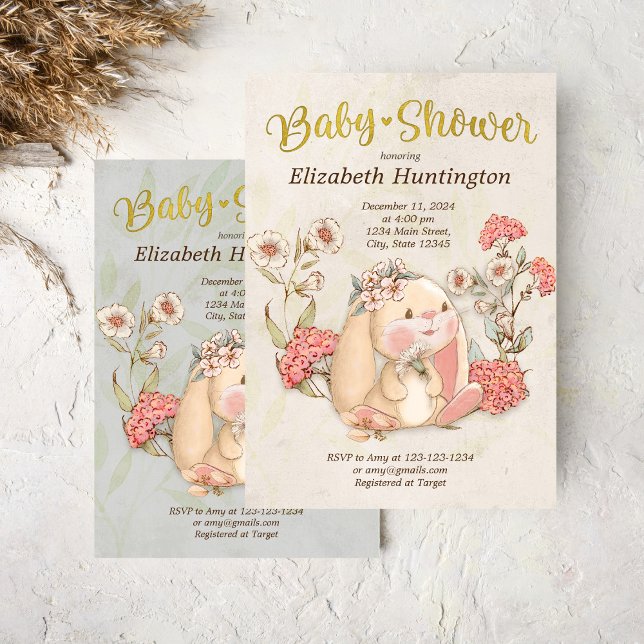 Vintage Floppy Bunny Floral Baby Shower Invitation (Creator Uploaded)