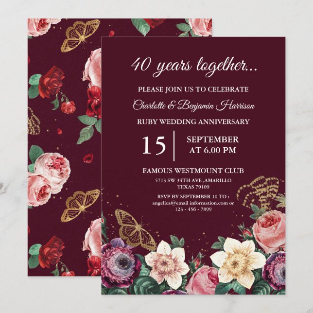 Vintage Floral 40th Ruby Wedding Anniversary Invitation (Front/Back)