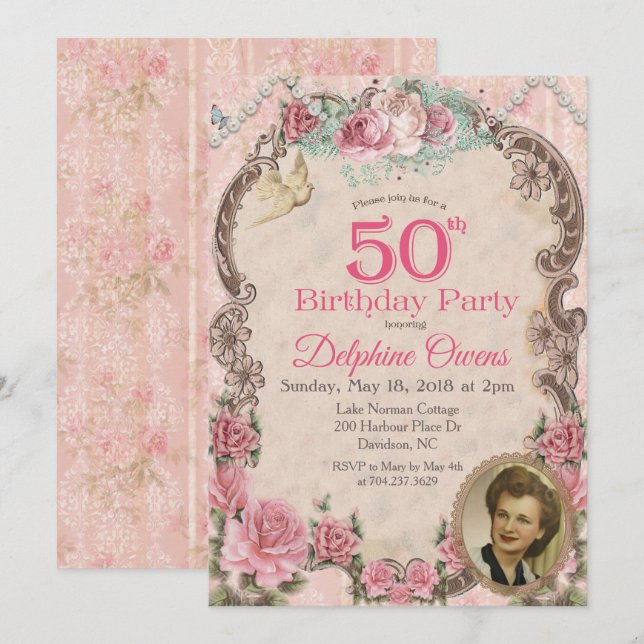 Vintage Floral 50th Birthday Invitation (Front/Back)