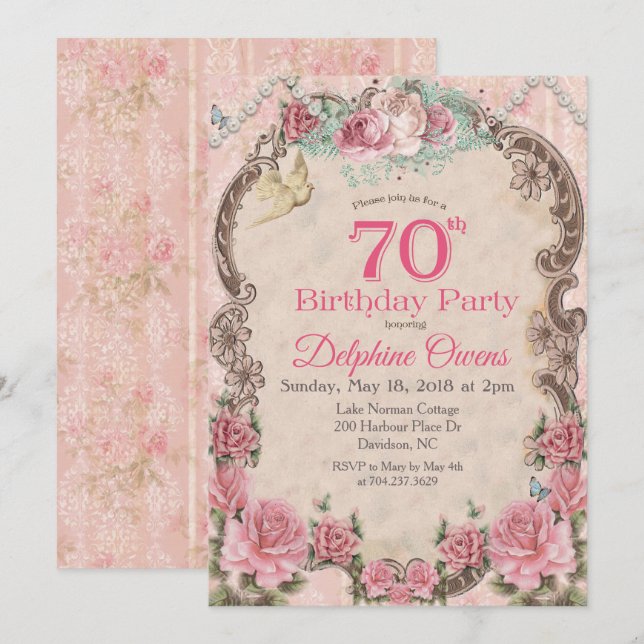 Vintage Floral 70th Birthday Invitation (Front/Back)