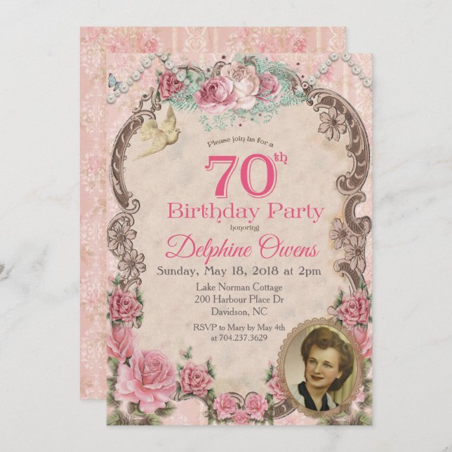 Vintage Floral 70th Birthday Invitation (Front/Back)