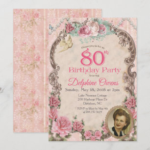 Vintage Floral 80th Birthday Invitation