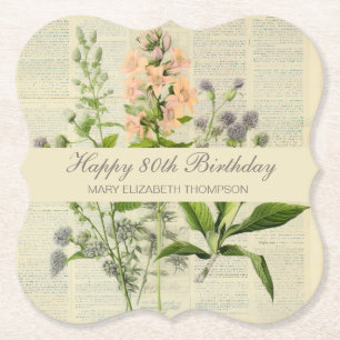 Vintage Floral 80th Birthday Paper Coaster