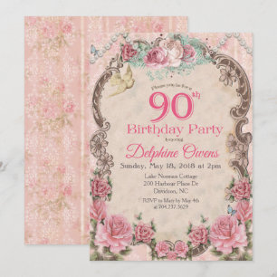 Vintage Floral 90th Birthday Invitation