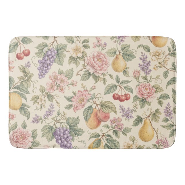 Vintage Floral and Fruit Pattern Bath Mat (Front)