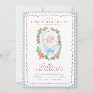 Vintage Floral and Gingham Santa Birthday Invitation