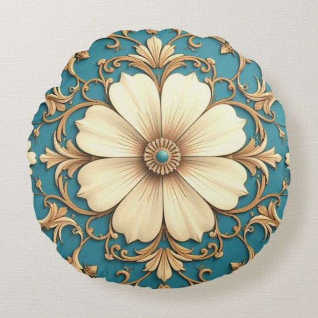 Vintage Floral And Gold Trim Round Cushion (Front)