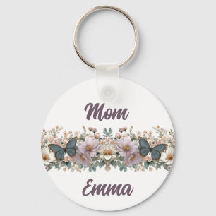 Vintage Floral and Green Butterfly for Mom Key Ring