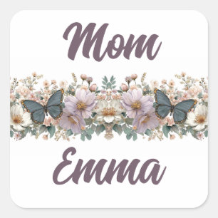 Vintage Floral and Green Butterfly for Mom Square Sticker