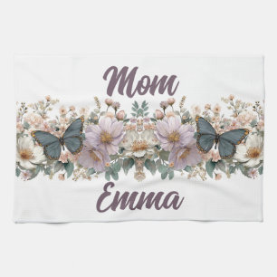 Vintage Floral and Green Butterfly for Mom Tea Towel