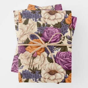 Vintage Floral Antique Orange Purple Cream Flowers Wrapping Paper Sheet