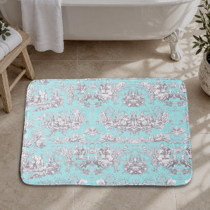 Vintage floral aqua blue toile de jouy bath mat
