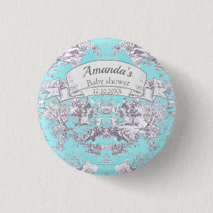 Vintage floral aqua blue toile de jouy monogram 3 cm round badge