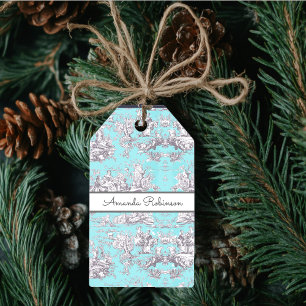Vintage floral aqua blue toile de jouy monogram gift tags