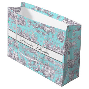 Vintage floral aqua blue toile de jouy monogram large gift bag