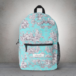 Vintage Floral Aqua Blue Toile de Jouy Monogram Printed Backpack