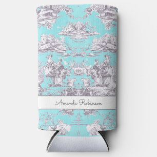 Vintage floral aqua blue toile de jouy monogram seltzer can cooler
