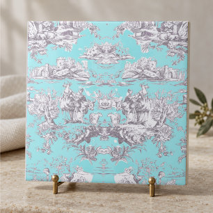 Vintage floral aqua blue toile de jouy monogram tile