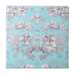 Vintage floral aqua blue toile de jouy monogram tile