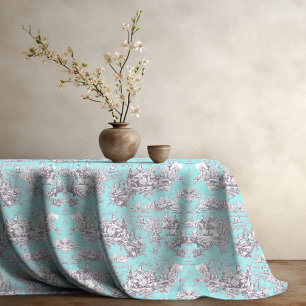 Vintage floral aqua blue toile de jouy tablecloth