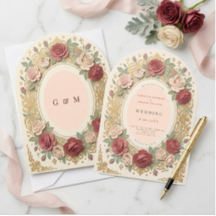 Vintage Floral Arch Catholic Cross Baroque Wedding Invitation
