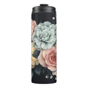 Vintage Floral Arrangement on Black Background Thermal Tumbler