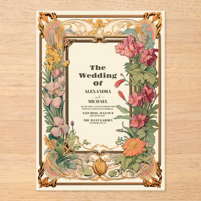 Vintage Floral Art Nouveau Wedding Acrylic Invitations (Front)