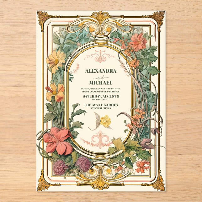 Vintage Floral Art Nouveau Wedding Acrylic Invitations (Front)