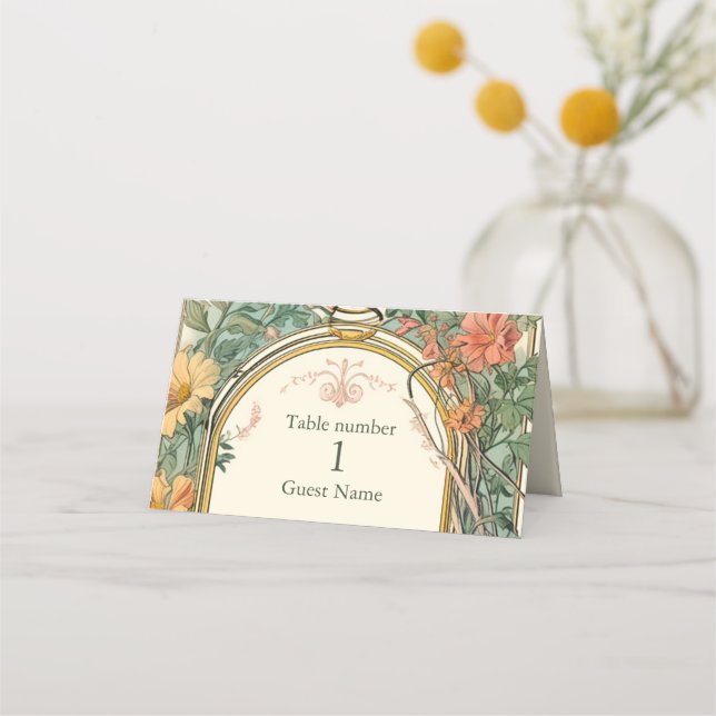 Vintage Floral Art Nouveau Wedding Place Card (Front)