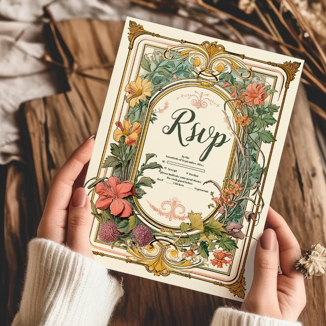 Vintage Floral Art Nouveau Wedding RSVP Card (Creator Uploaded)