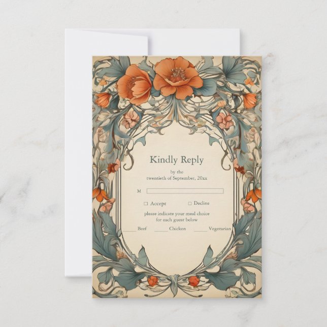Vintage Floral Art Nouveau Wedding  RSVP Card (Front)