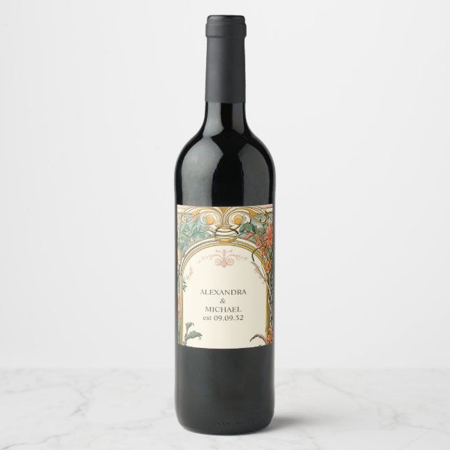 Vintage Floral Art Nouveau Wedding Wine Label (Front)