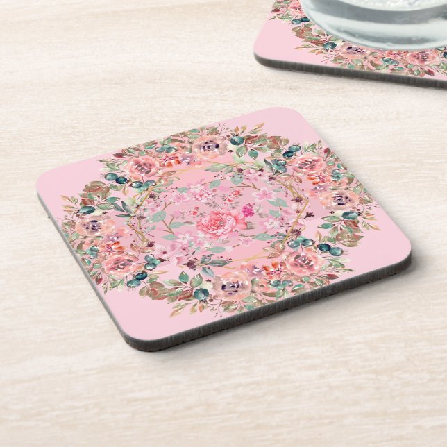 Vintage Floral Art, Pink Floral Wreath Coaster (Left Side)