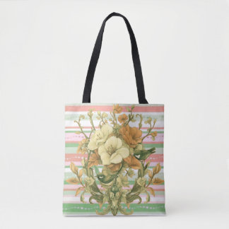 Vintage Floral art with Pink Stripes Tote Bag