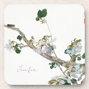 Vintage Floral Asian Style Lithograph Name Coaster