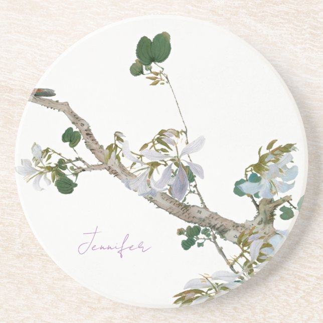Vintage Floral Asian Style Lithograph Name Coaster (Front)
