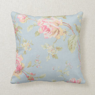 Vintage floral baby blue white shabby chic roses cushion