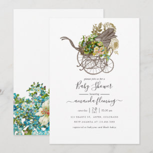 Vintage Floral Baby Carriage Baby Shower Invitation