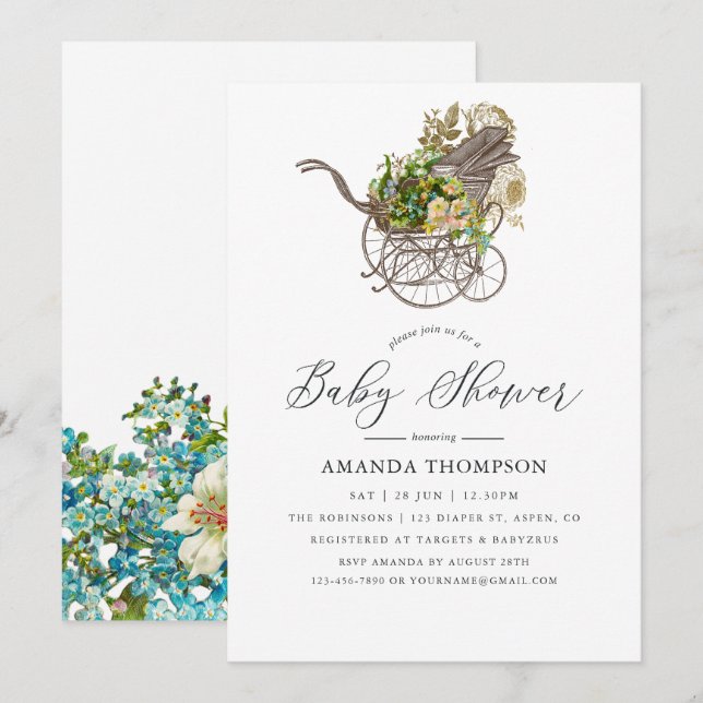 Vintage Floral Baby Carriage Baby Shower Invitation (Front/Back)