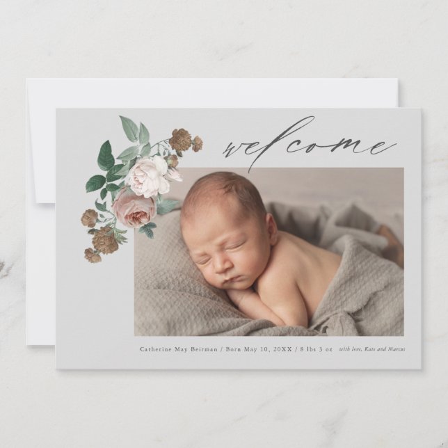 Vintage floral baby photo birth announcement (Front)