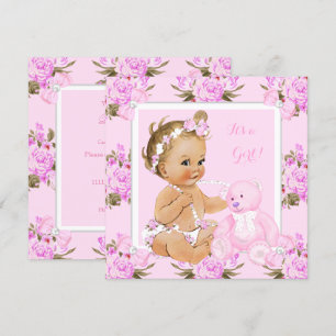 Vintage Floral Baby Shower Girl Pink Bear Blonde Invitation