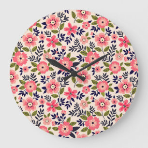 Vintage floral background, ditsy pink flowers. large clock