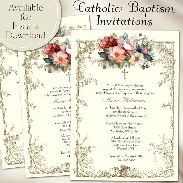 Vintage Floral Baptism Christening Gold Cross Invitation (Creator Uploaded)